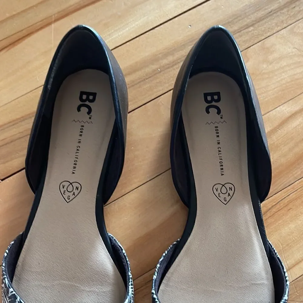 BC Born in California open side flats. Patterned front. Solid black heel. Size 8